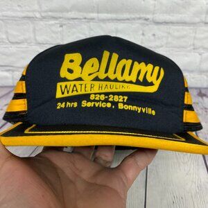 Vintage Trucker Hat Mesh Cap Black Yellow 3 Stripes Bellamy Water Hauling